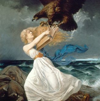Edvard Isto's painting of the Finnish maiden, seen defending the book of Finnish law from a two-headed eagle.