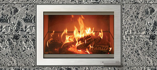 A rectangular lit fireplace.