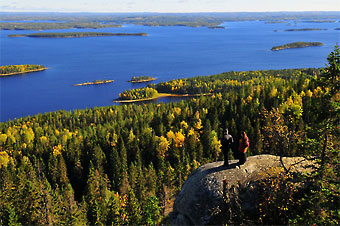 A landscape with forests, a lake and small islands.