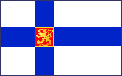 State flag: the Finnish flag with the coat of arms of Finland inset in the square formed by the intersecting arms of the cross.