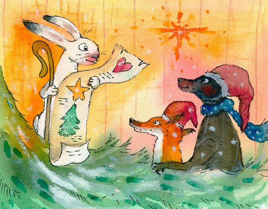 An illustration of a rabbit reading a scroll for a fox and a wolf.