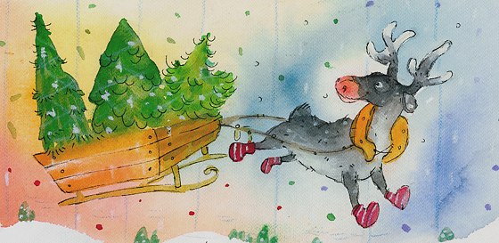 An illustration of a reindeer pulling a sledge filled with spruces.