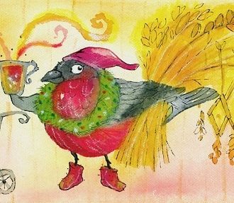 An illustration of a robin with a shopping cart full of vegetables and a bunch of grain.