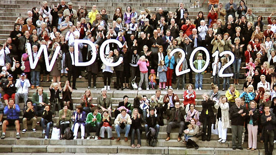 A large crowd of people gathered in front of the Helsinki Cathedral holding the letters W, D and C and the number 2012.