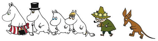 An illustration of the Moomin family; all characters are looking downwards like they are searching for something.