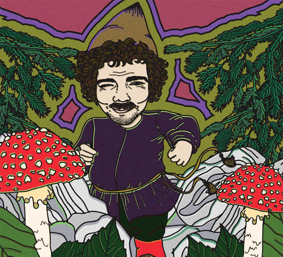 An illustration of a smiling imp with dark curly hair and moustache standing next to some amanita mushrooms. 