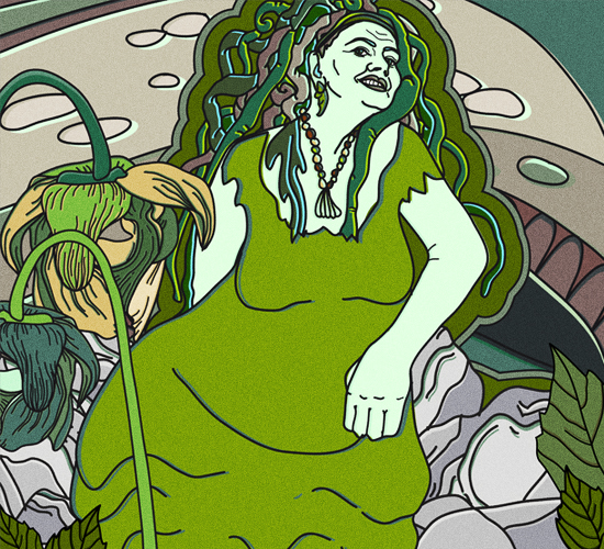 An illustration of a lady with greenish skin, algae hair and a green dress sitting on rocks.