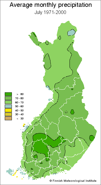 A map showing Finland's average monthly precipitation during 1971-2000.