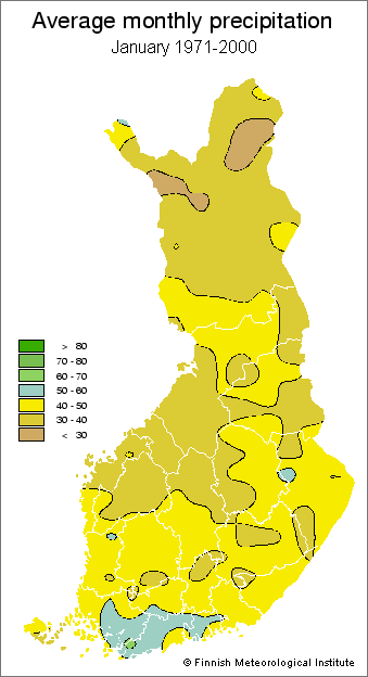 A map showing Finland's average monthly precipitation in January during 1971-2000.