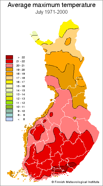 A map showing Finland's average maximum temperature in July during 1971-2000.