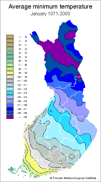 A map showing Finland's average minimum temperature in January during 1971-2000.