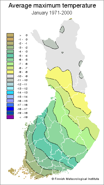 A map showing Finland's average maximum temperature in January during 1971-2000.