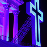 Variations on a theme: As the cross changes colour, so do the lights projected onto the cathedral.