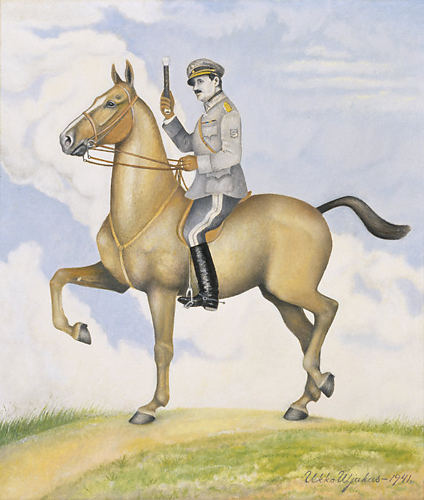 A painting of Marshal Mannerheim on horseback.