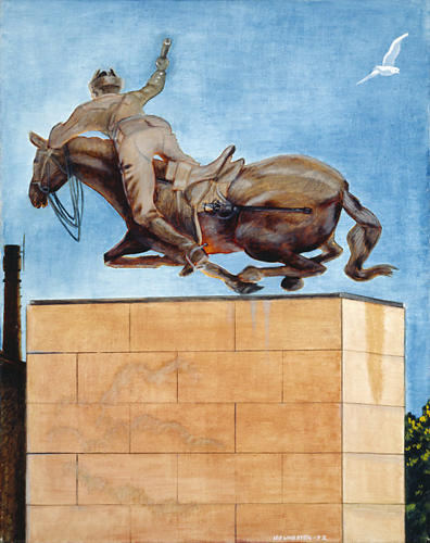 A painting of the statue of Mannerheim; He seems to be falling of his horse.