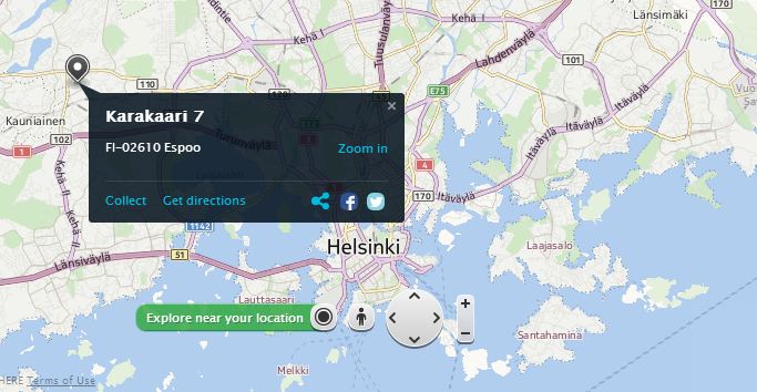 Nokia’s location-based business HERE is pointing out the address of the company’s new headquarters west of Helsinki.