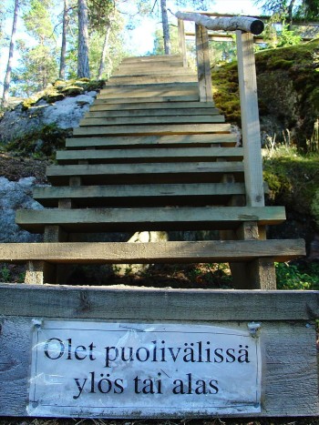 Wooden stairs in the forest with a sign saying “You’re either halfway up or halfway down.”