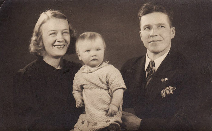 Rauni Ollikainen’s parents Taimi (left) and Sulo show off their first-born daughter Pirkko.