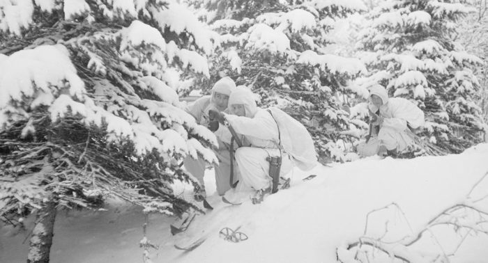 Winter camouflage: Finnish ski troops such as these fought on the eastern front during the Winter War.