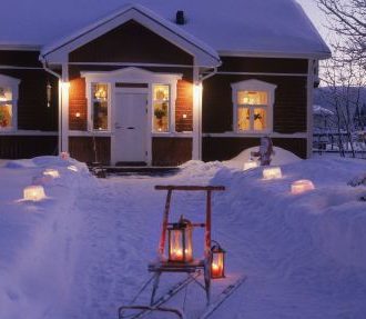 First Christmas in Finland, cottage, skiing, snow, ice lantern
