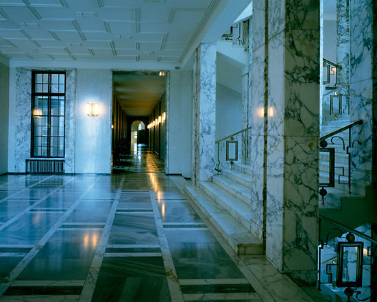 A marble corridor and staircase in the parliament building.