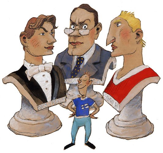 An illustration of a proud-looking man in a Finnish flag t-shirt standing in front of three chess pieces portraying Finnish celebrities.