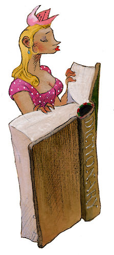 An illustration of a blonde woman in a pink dress standing behind a dictionary almost as tall as herself.