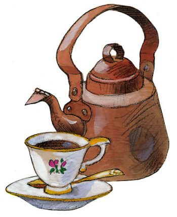An illustration of an old-fashioned coffee pot and a small China cup with floral decoration.