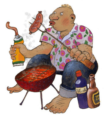 An illustration of a man sitting by a small barbeque grilling a sausage.