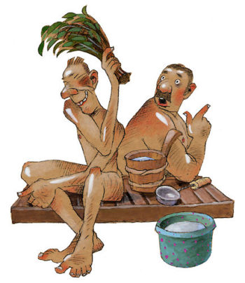 An illustration of two men sitting on a sauna bench, the other man is whisking himself with a bunch of birch branches called vihta.