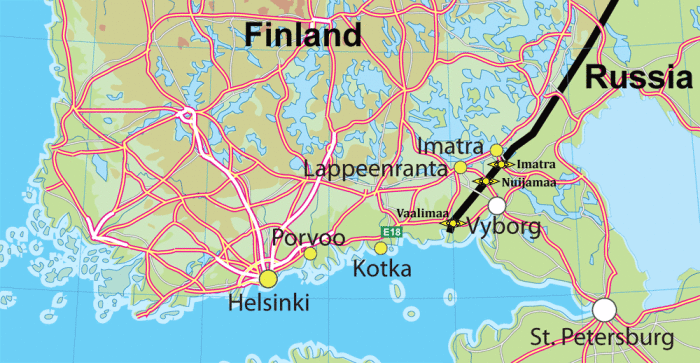 Радио Спутник вещает в пяти финских городах, а также от Выборга вдоль трассы E18.|||© Adapted from the map of DTP-Atlas Julkaisukartat in thisisFINLAND