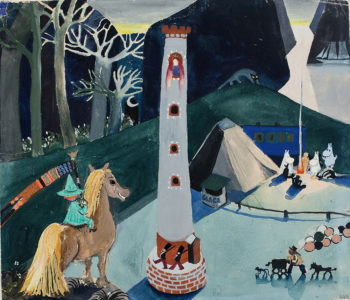 This detail from an early, undated Moomin illustration by Tove Jansson shows Snufkin on a horse (left) and the Moomin family around a campfire (at right, beside tent).