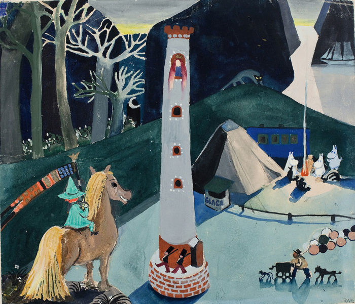 This detail from an early, undated Moomin illustration by Tove Jansson shows Snufkin on a horse (left) and the Moomin family around a campfire (at right, beside tent). Click picture to see an uncropped version.