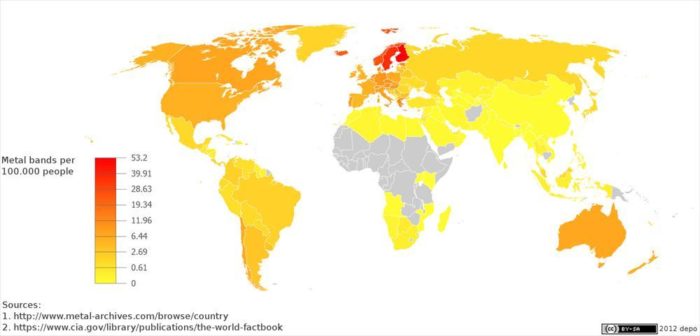 A world map displaying the ratio of metal bands per 100.000 people; Finland, Sweden and Norway showing as red hot spots.