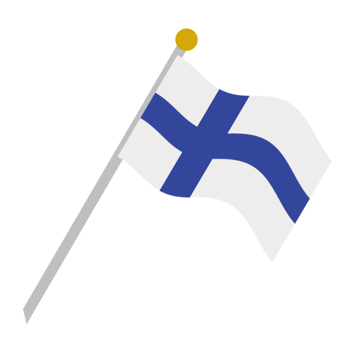 Uma bandeira finlandesa hasteada; a bandeira tem uma cruz azul escura sobre um fundo branco.