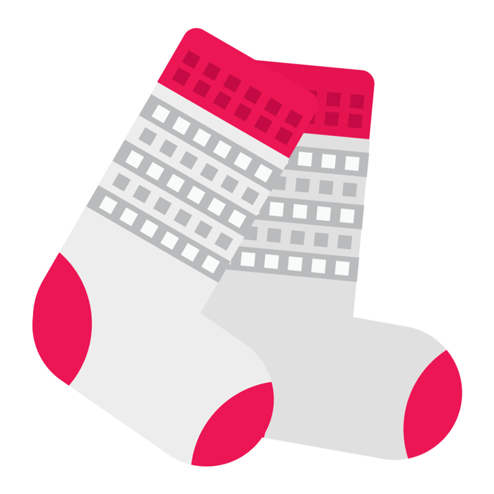 A pair of white socks with red cuffs, heels and toes, and a grey pattern of squares below the cuffs.