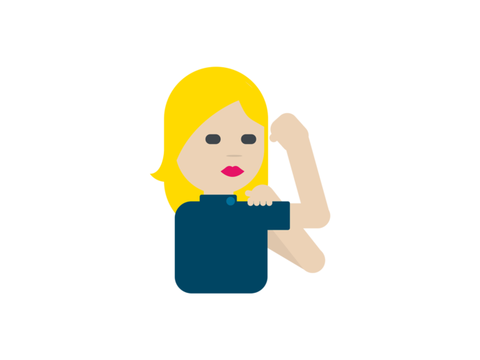 A blond woman with red lipstick is flexing her bicep while grabbing it with her other hand.