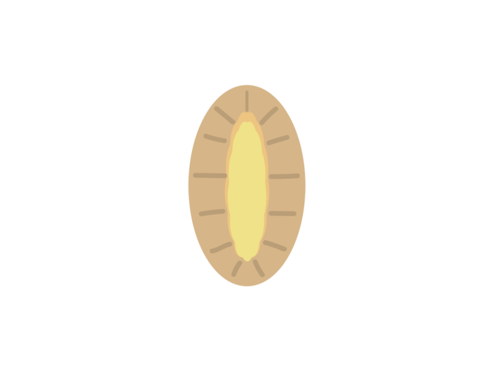 Un pastel marrón tostado de forma ovalada y hecho de centeno, relleno en su centro de arroz cocido de color beige.