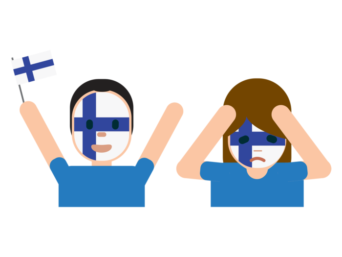 An excited man whose face is painted white and blue like a Finnish flag waves a small flag, and next to him a woman in similar face paint frowns and holds her head.