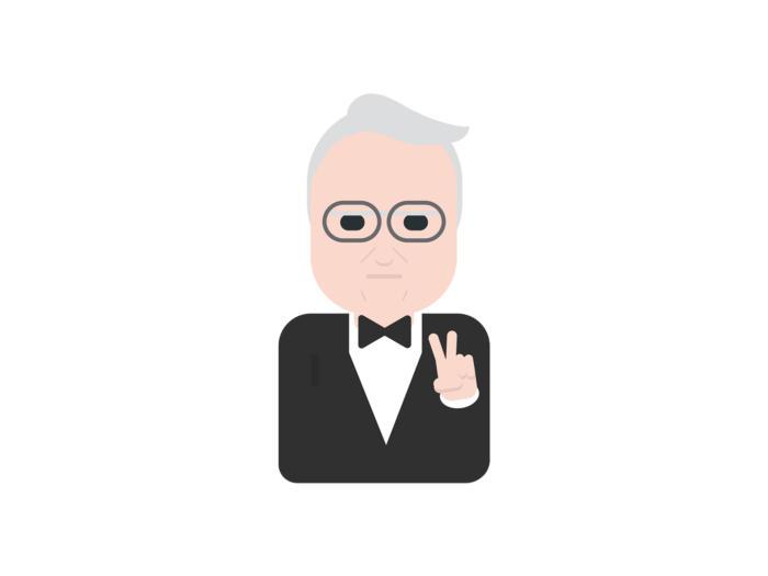 A cartoon version of former Finnish President Martti Ahtisaari wearing a black suit with a bow tie and showing the peace sign with his hand.