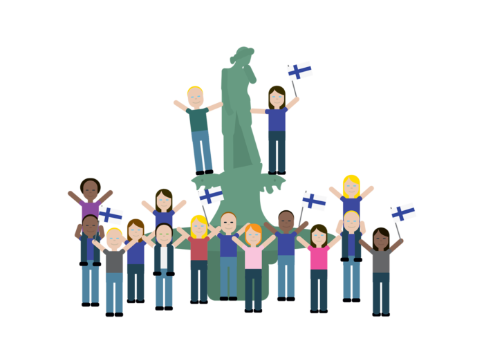 Um grupo de pessoas de aparência entusiasmada reunida em torno de uma estátua, erguendo as mãos no ar e agitando bandeiras finlandesas.