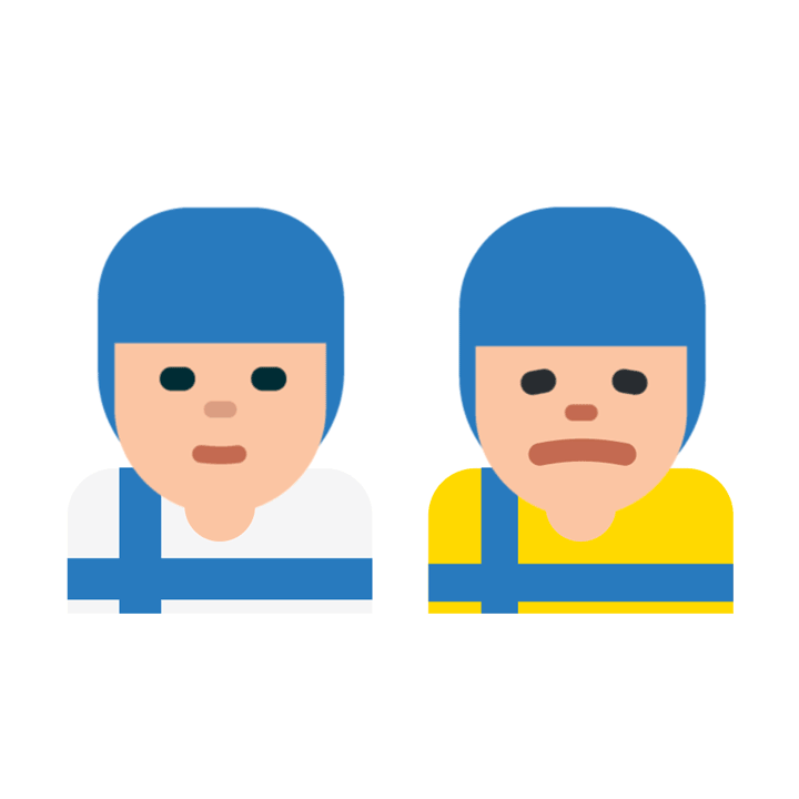 芬兰和瑞典冰球运动员；前者微笑着，缺了一颗牙，后者看起来很伤心。