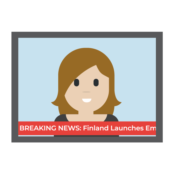 On a screen, an excited-looking news anchor is uttering a speech bubble showing the Finnish flag, symbolising that Finland has been mentioned.