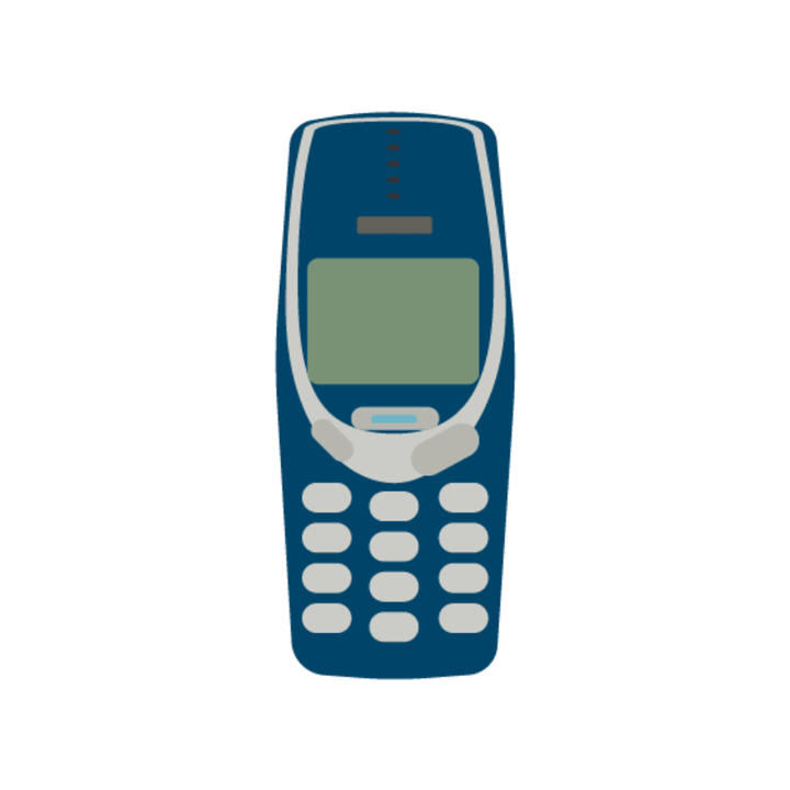 A Nokia 3310 mobile phone; an old-fashioned mobile phone, dark blue with white buttons.