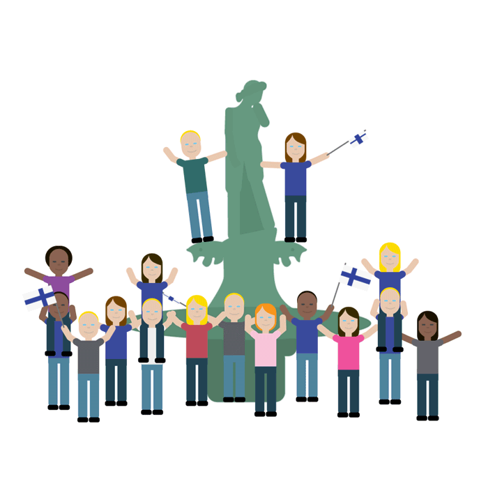 Un groupe d’individus est rassemblé autour d'une statue ; les personnages affichent un air enthousiaste tout en levant les bras en l'air et en agitant des petits drapeaux finlandais. 