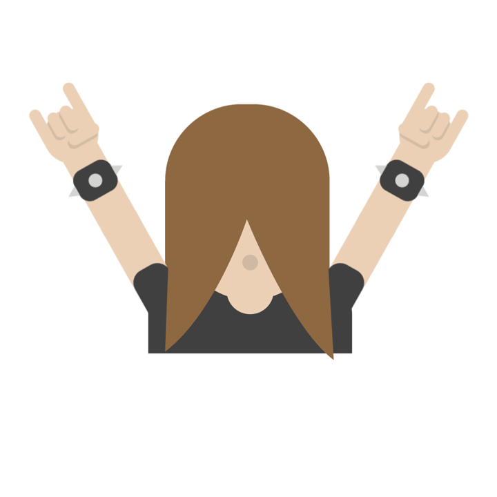 A headbanger heavy-metal music fan with long brown hair hanging over their face and their arms in the air, making the sign of the horns with both hands.