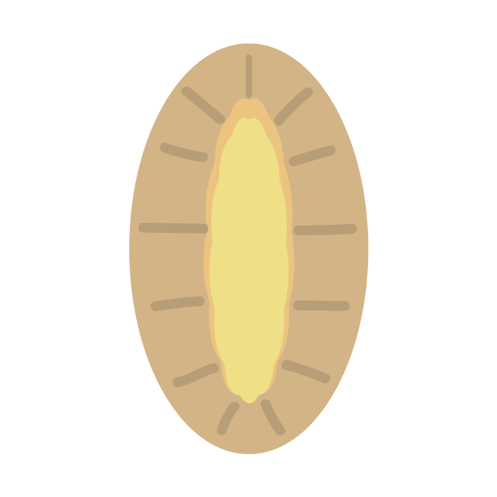 Uma massa oval com o centro marrom-amarelado do recheio de mingau de arroz e bordas marrom-escuras da farinha de centeio.