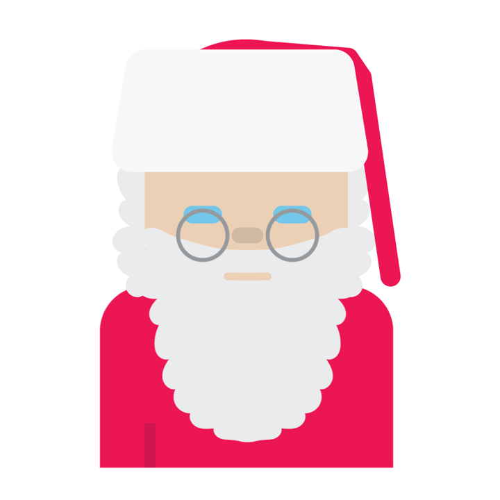 Der traditionelle Weihnachtsmann mit roter Mütze und Mantel, einem langen weißen Bart und einer runden Brille.