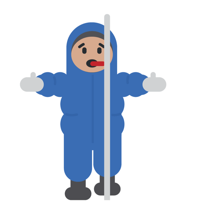 A small child in a blue snowsuit has touched an icy cold metal pole with their tongue and become frozen in that position.