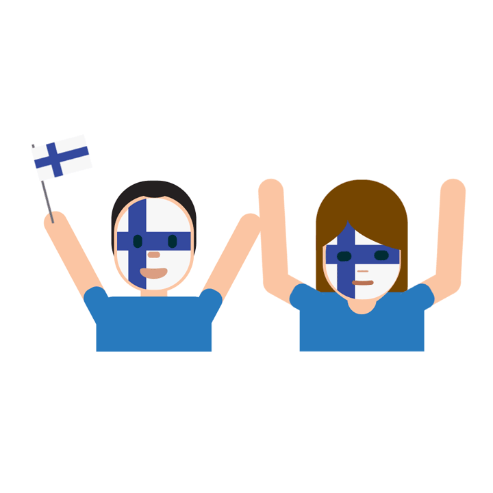 フィンランド国旗のフェイスペイントをして、国旗をふってエキサイトしている男性と、同じくフェイスペイントをし、頭を抱えて絶望的な表情をしている女性